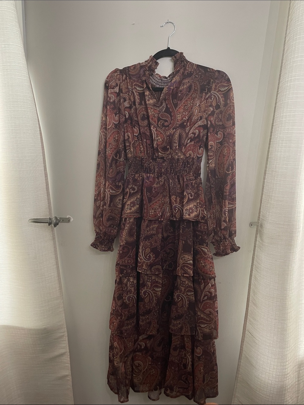 SHEIN Burgundy Paisley Tiered Maxi Dress